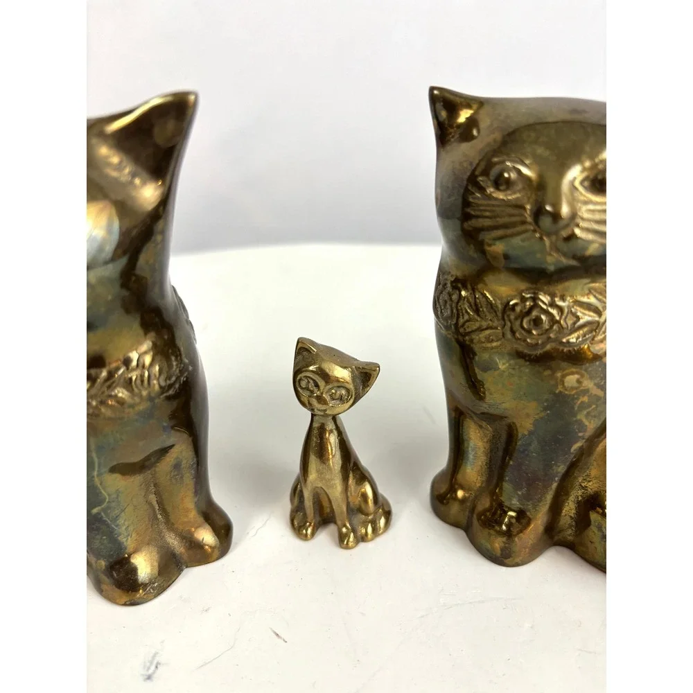 Vintage‎ Brass Cat Figurine Set Mid Century Style Kitty Family Decor Lot of 3